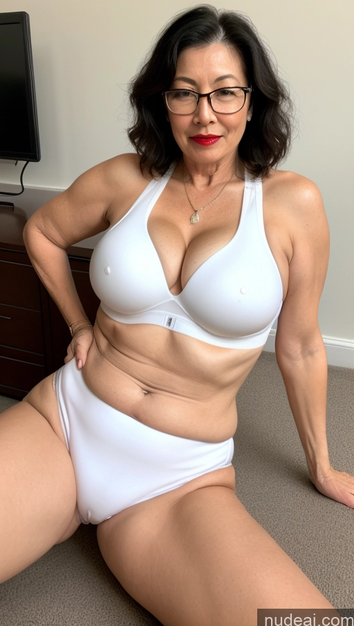 ai nude image of arafed woman in white underwear sitting on the floor in front of a tv pics of Milf One Busty Big Ass Big Hips Pubic Hair Fairer Skin Glasses Lipstick 60s Asian Black Hair Sports Bra