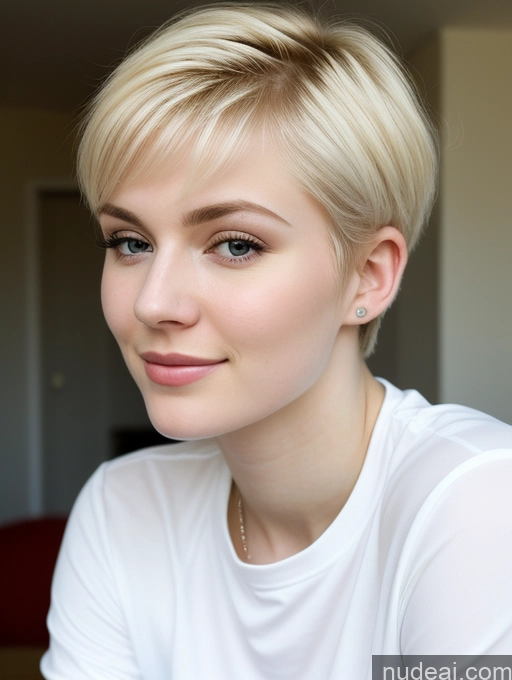 ai nude image of blond woman with short hair and white shirt looking at camera pics of Woman Beautiful Fairer Skin 18 Blonde Pixie Russian Close-up View Shirt