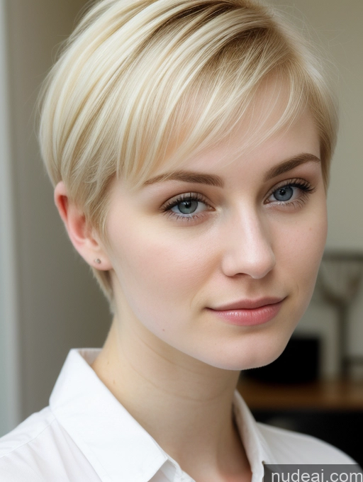 ai nude image of blond woman with short hair and blue eyes posing for a picture pics of Woman Beautiful Fairer Skin 18 Blonde Pixie Russian Close-up View Shirt