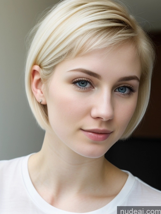 ai nude image of blond woman with short hair and blue eyes posing for a picture pics of Woman Beautiful Fairer Skin 18 Blonde Pixie Russian Close-up View Shirt