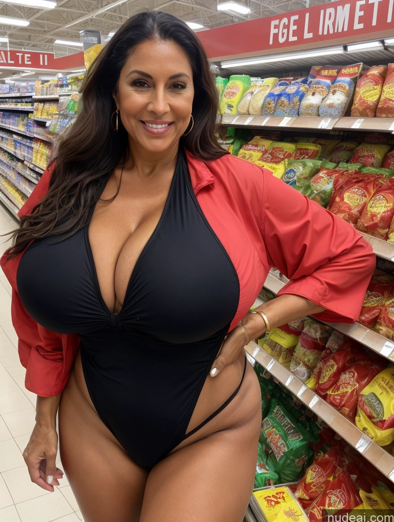 ai nude image of araffe woman in a black swimsuit posing in a grocery store pics of Milf One Busty Huge Boobs Tanned Skin 60s Native American Grocery Front View Firefighter Microkini Thong