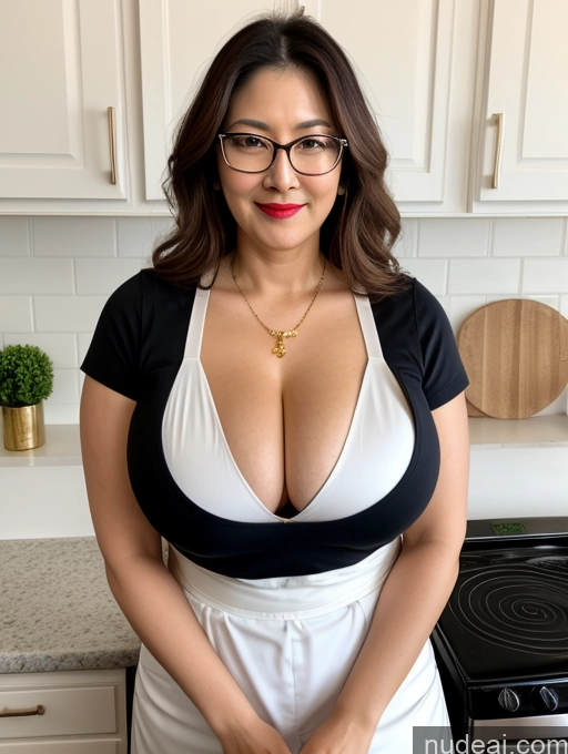 ai nude image of there is a woman in a white apron and glasses posing for a picture pics of Milf One Busty Perfect Boobs Beautiful Big Ass Big Hips Pubic Hair Fairer Skin 40s Korean Gold Jewelry Jewelry Bright Lighting Chubby Lipstick Front View Glasses Apron Cleavage Detailed