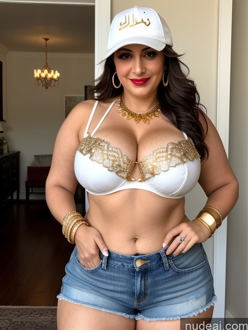 ai nude image of araffe woman in a white hat and blue shorts posing for a picture pics of Milf One Busty Glasses Lipstick Big Ass Big Hips Pubic Hair Fairer Skin Daisy Dukes Gold Jewelry Jewelry Cleavage Hat 40s Chubby Arabic