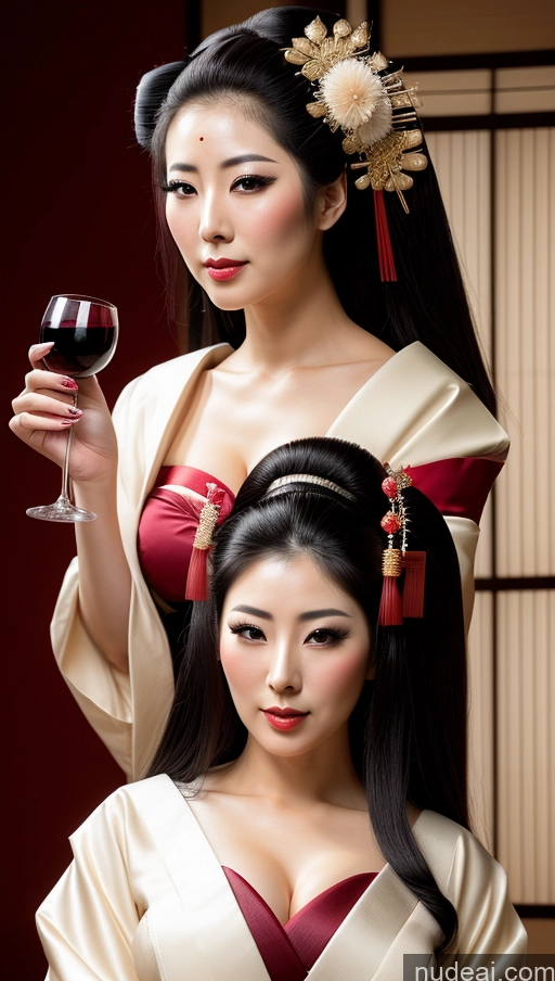 ai nude image of there are two asian women in kimono robes holding wine glasses pics of 30s Busty Pubic Hair Seductive Black Hair Long Hair Japanese Wine Geisha