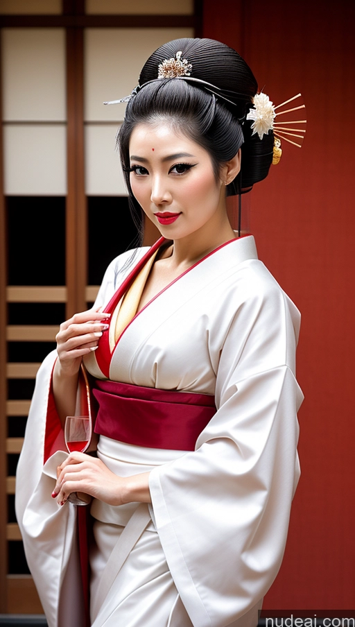 ai nude image of araffe woman in a kimono dress holding a glass of wine pics of 30s Busty Pubic Hair Seductive Black Hair Long Hair Japanese Wine Geisha Shower