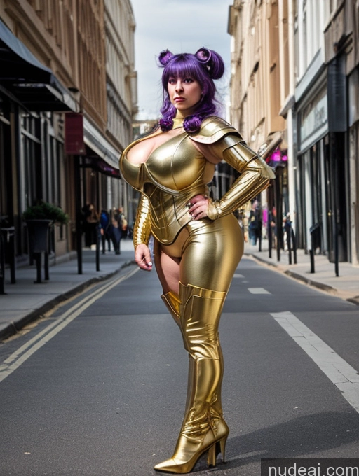 ai nude image of araffe dressed in a gold suit and purple hair standing on a street pics of Milf Busty Huge Boobs Big Ass Big Hips 20s Purple Hair Pigtails Front View Bright Lighting Superhero Street Sci-fi Armor Gold Jewelry Serious