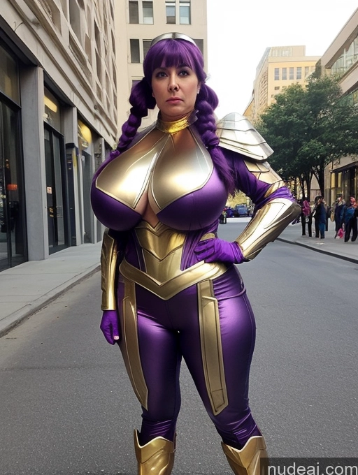 ai nude image of araffe dressed in a purple and gold outfit standing on a street pics of Milf Busty Huge Boobs Big Ass Big Hips 20s Purple Hair Pigtails Front View Bright Lighting Superhero Street Sci-fi Armor Gold Jewelry Serious