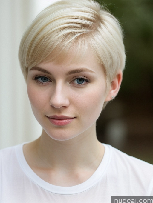 ai nude image of blond woman with short hair and blue eyes posing for a picture pics of Woman Beautiful Fairer Skin 18 Blonde Pixie Russian Close-up View Shirt