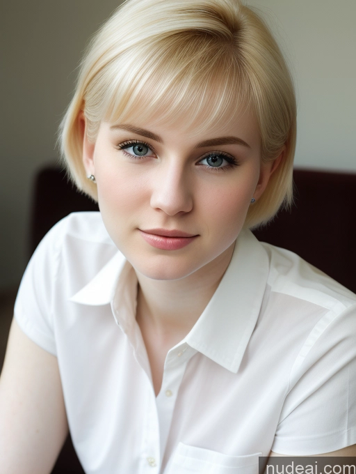 ai nude image of blond woman with blue eyes and short blond hair wearing a white shirt pics of Woman Beautiful Fairer Skin 18 Blonde Pixie Russian Close-up View Shirt