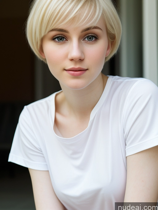 ai nude image of blond woman with short hair and white shirt sitting on a chair pics of Woman Beautiful Fairer Skin 18 Blonde Pixie Russian Close-up View Shirt