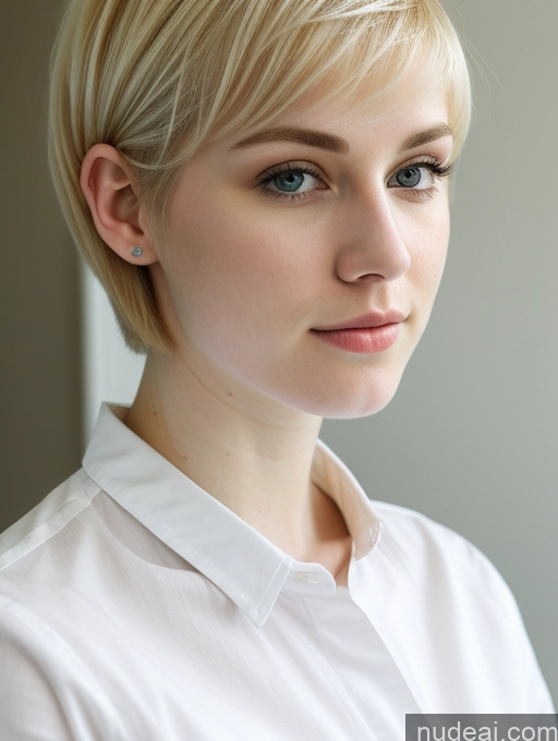 ai nude image of blond woman with short hair and white shirt looking at camera pics of Woman Beautiful Fairer Skin 18 Blonde Pixie Russian Close-up View Shirt