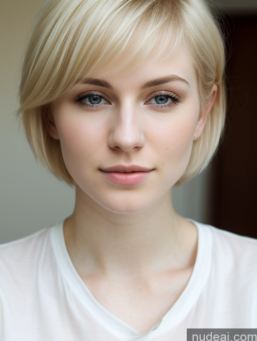 ai nude image of blond woman with short hair and blue eyes posing for a picture pics of Woman Beautiful Fairer Skin 18 Blonde Pixie Russian Close-up View Shirt