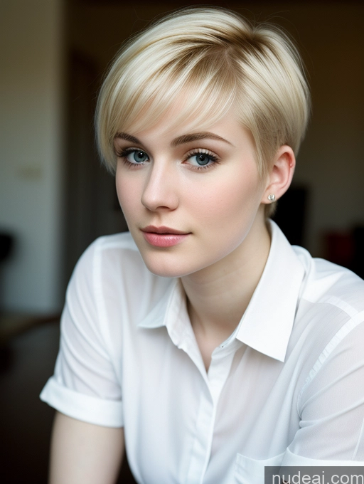 ai nude image of blond woman with short hair wearing white shirt and looking at camera pics of Woman Beautiful Fairer Skin 18 Blonde Pixie Russian Close-up View Shirt