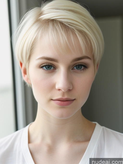 ai nude image of blond woman with short hair and blue eyes looking at the camera pics of Woman Beautiful Fairer Skin 18 Blonde Pixie Russian Close-up View Shirt