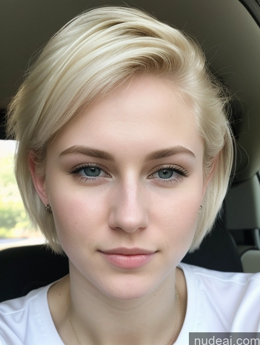 ai nude image of blond woman with short hair and piercings in car looking at camera pics of Woman Beautiful Fairer Skin 18 Blonde Pixie Russian Close-up View Shirt