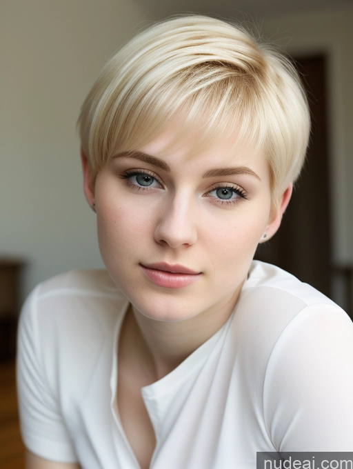 ai nude image of blond woman with short hair and blue eyes posing for a picture pics of Woman Beautiful Fairer Skin 18 Blonde Pixie Russian Close-up View Shirt