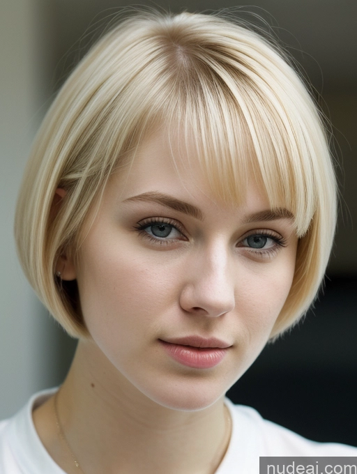 ai nude image of blond woman with short hair and blue eyes looking at the camera pics of Woman Beautiful Fairer Skin 18 Blonde Short Hair Russian Close-up View Shirt