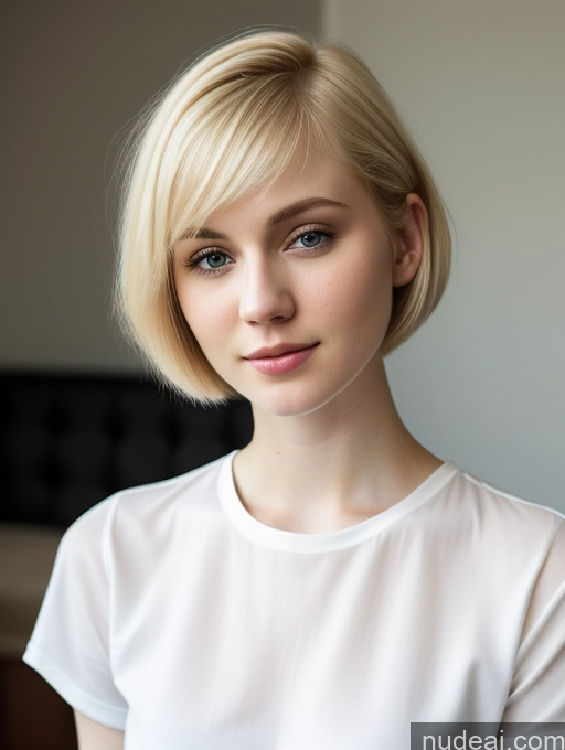 ai nude image of blond woman with short hair and white shirt looking at camera pics of Woman Beautiful Fairer Skin 18 Blonde Short Hair Russian Close-up View Shirt