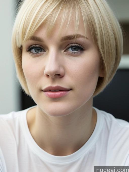 ai nude image of blond woman with short hair and blue eyes looking at camera pics of Woman Beautiful Fairer Skin 18 Blonde Short Hair Close-up View Russian Shirt