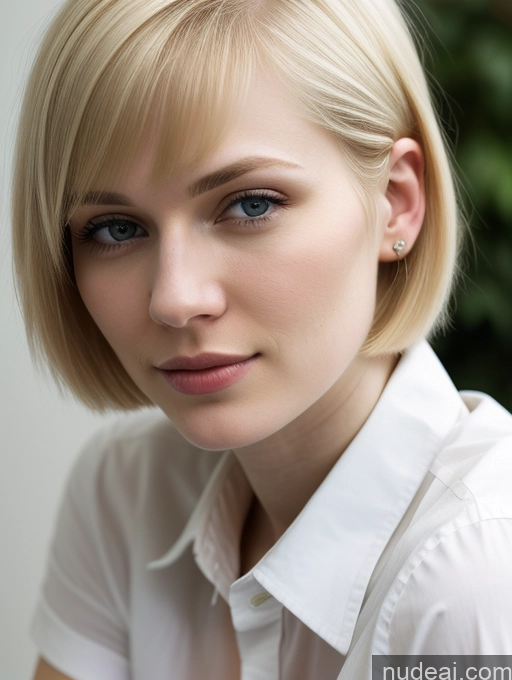 ai nude image of blond woman with blue eyes and a white shirt posing for a picture pics of Woman 18 Beautiful Fairer Skin Short Hair Blonde Russian Close-up View Shirt