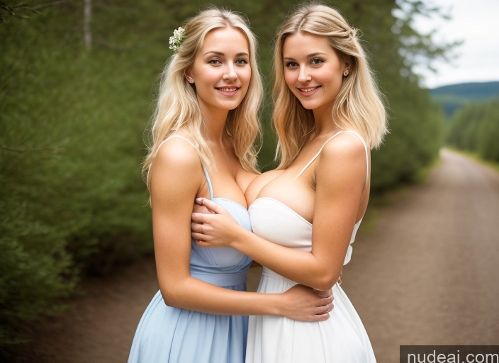 ai nude image of two women in dresses standing next to each other on a dirt road pics of Wedding Cleavage Scandinavian Huge Boobs Perfect Body Skinny Laughing Sexy Face Dress Vintage 18 Bright Lighting Beautiful Blonde Hair Bun Two Traditional