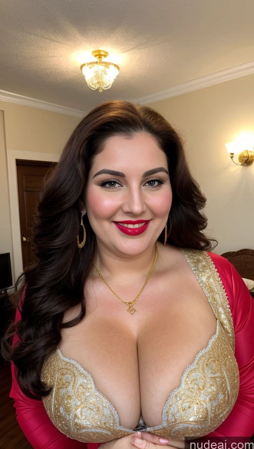 ai nude image of araffe woman in a red dress with a gold dress and a necklace pics of Milf Busty Beautiful Lipstick Thick Chubby Fat Big Hips 20s Happy Seductive Brunette Long Hair Russian Front View Straddling Salwar Fairer Skin Cleavage Gold Jewelry Party Jacket Bra