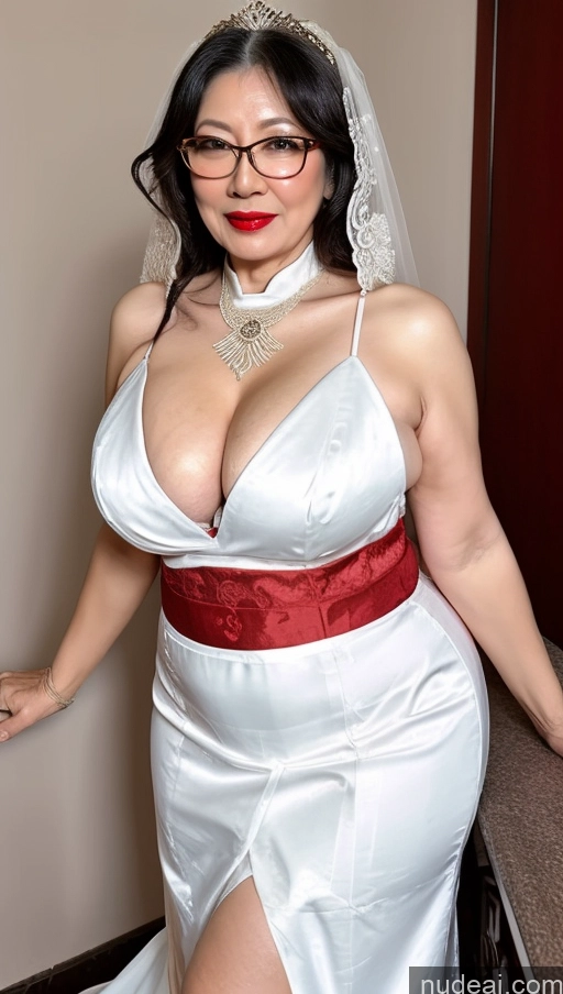 ai nude image of arafed woman in a white dress and red sash posing for a picture pics of Milf One Busty Big Ass Big Hips Pubic Hair Fairer Skin Black Hair Asian Glasses Lipstick 60s Yae Miko: Genshin Impact Cosplayers Wedding Cumshot