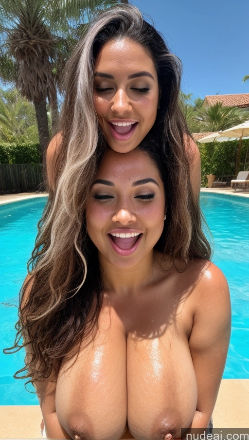 ai nude image of two women posing for a picture in front of a swimming pool pics of Busty Huge Boobs Thick Beautiful Big Hips Oiled Body Sexy Face Ahegao Happy Front View Nude Orgasm Long Hair Dark Skin Tanned Skin Perfect Body Cumshot Gold Jewelry Tribal Pool Model 50s British White Hair