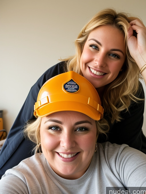 ai nude image of blond woman with hard hat on her head and smiling at camera pics of Woman Two Busty Beautiful Fat Pubic Hair 30s Happy Blonde Messy British Bedroom Front View On Back Construction Worker