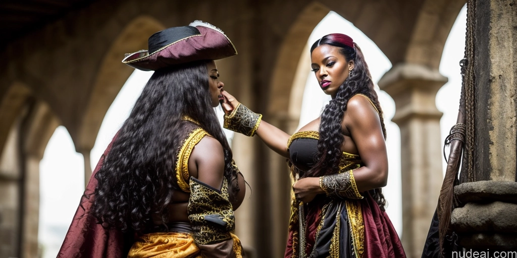 ai nude image of two women dressed in medieval costumes are talking to each other pics of Woman Huge Boobs Muscular Big Ass Fat Big Hips Long Hair 50s Pouting Lips Angry Black Hair African Close-up View Medieval Pirate Dark_Fantasy_Style French Musketeer Dress Trans Girl With Erect Penis