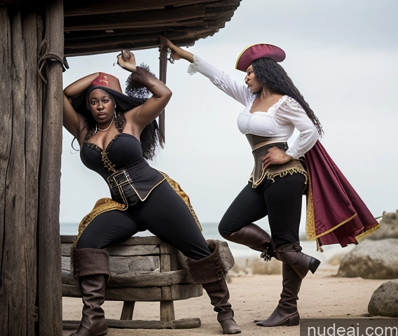 ai nude image of pirates in costumes posing for a photo on a beach pics of Woman Huge Boobs Muscular Big Ass Fat Big Hips Long Hair 50s Pouting Lips Angry Black Hair African Close-up View Medieval Pirate Dark_Fantasy_Style French Musketeer Dress