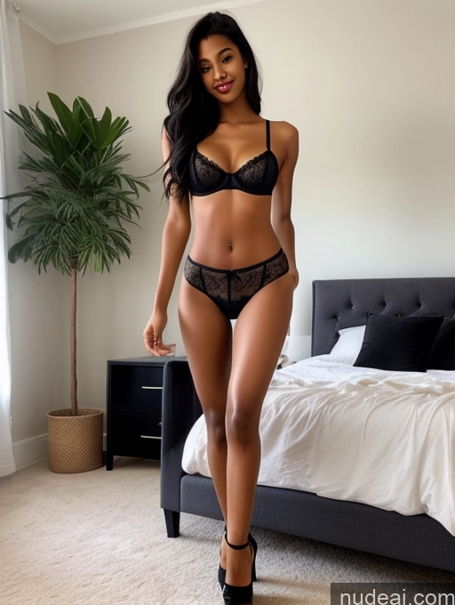 ai nude image of araffe woman in lingerie posing in a bedroom with a bed pics of 18 Nigerian Long Hair Black Hair Small Tits Lipstick Small Ass Long Legs Tall Perfect Body Tanned Skin Dark Skin High Heels Lingerie Bedroom