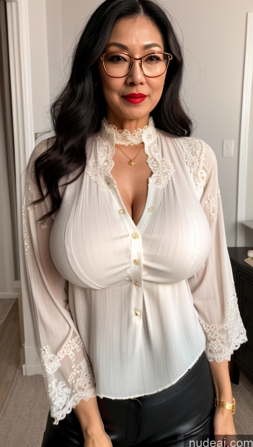 Milf One Busty Big Ass Big Hips Pubic Hair Fairer Skin 60s Black Hair Asian Glasses Lipstick Proper Attire EdgCT Wearing EdgCT Chic Top