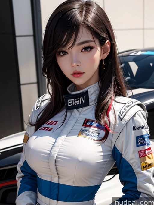 ai nude image of arafed woman in a racing suit standing next to a car pics of Korean Perfect Boobs Race Driver