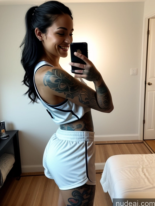 ai nude image of there is a woman taking a picture of herself in her bedroom pics of One Perfect Boobs Perfect Body Long Hair Brazilian Dark Lighting Detailed Black Hair Happy Woman Tattoos Short 20s Side View Bedroom Mirror Selfie Basketball