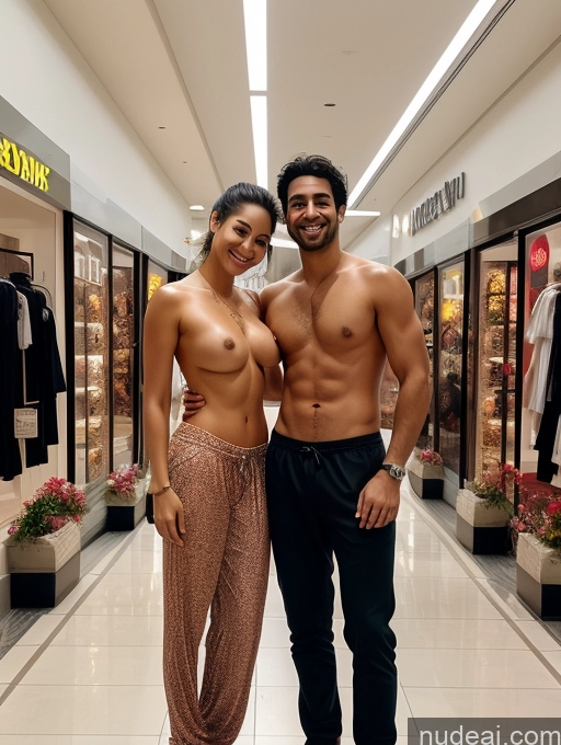 related ai porn images free for Woman + Man Two Perfect Body Happy Film Photo Front View Harem Pants Topless Hair Bun Black Hair 30s Brazilian Mall