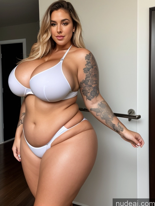 ai nude image of araffe woman in a white bikini posing for a picture pics of Lingerie Model Busty Huge Boobs Perfect Boobs Beautiful Tattoos Big Ass Thick Chubby Big Hips Long Legs Perfect Body Fairer Skin Oiled Body 30s Bikini White Soccer