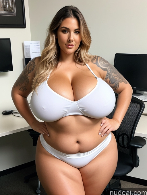 ai nude image of araffe woman in white bikini posing in front of a computer desk pics of Lingerie Model Busty Huge Boobs Perfect Boobs Beautiful Tattoos Big Ass Thick Chubby Big Hips Long Legs Perfect Body Fairer Skin Oiled Body 30s Bikini White Soccer Office