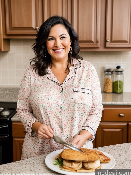 ai nude image of woman in pajamas cutting a sandwich on a plate in a kitchen pics of Milf Perfect Boobs Big Ass Chubby Messy Cooking Kitchen Happy Big Hips Pajamas Black Hair