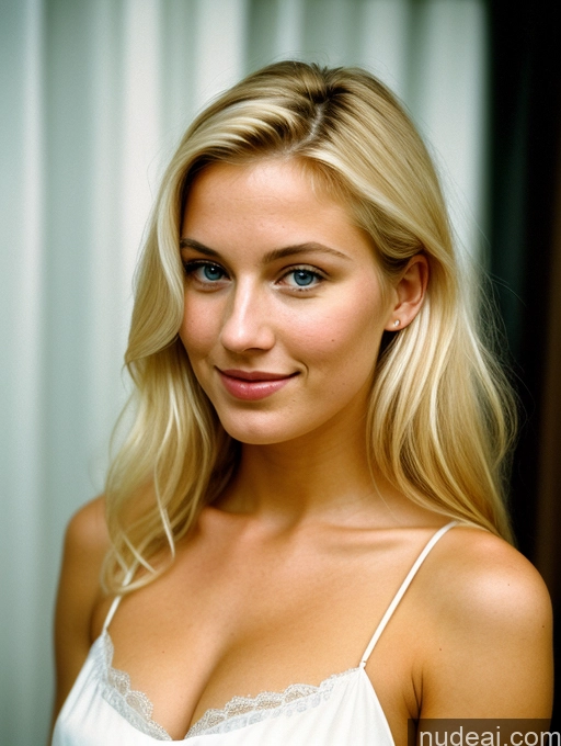 ai nude image of blond woman with blue eyes and a white top posing for a picture pics of Nightgown Blonde Busty Scandinavian Perfect Body Beautiful Skinny Laughing 18 Sexy Face Cleavage Bright Lighting Vintage Shocked Side View