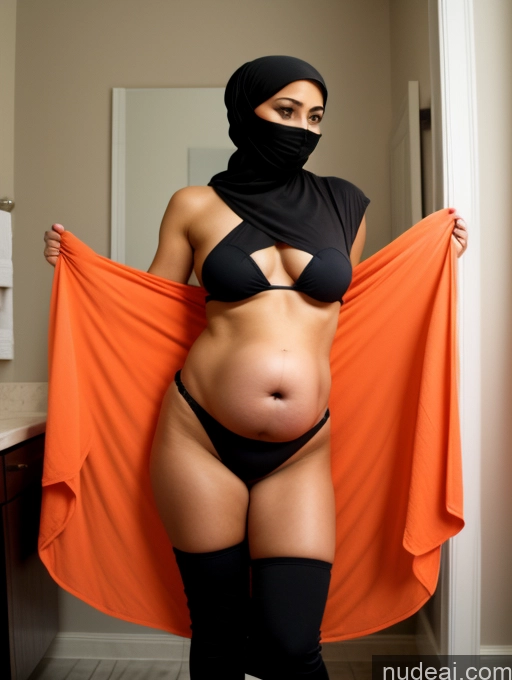 ai nude image of pregnant woman in black and orange bikini holding up a towel pics of Woman One Indian 30s Small Tits Perfect Boobs Skinny Small Ass Thick Pregnant Tanned Skin Open Towel Niqab Bathroom Transparent Detailed