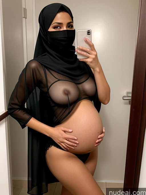 ai nude image of pregnant woman in black hijab taking selfie in mirror pics of Indian 30s Small Tits Perfect Boobs Skinny Small Ass Thick Pregnant Tanned Skin Niqab Bathroom Transparent Detailed Hentai Breast Grab(sex Position) Two Woman + Man