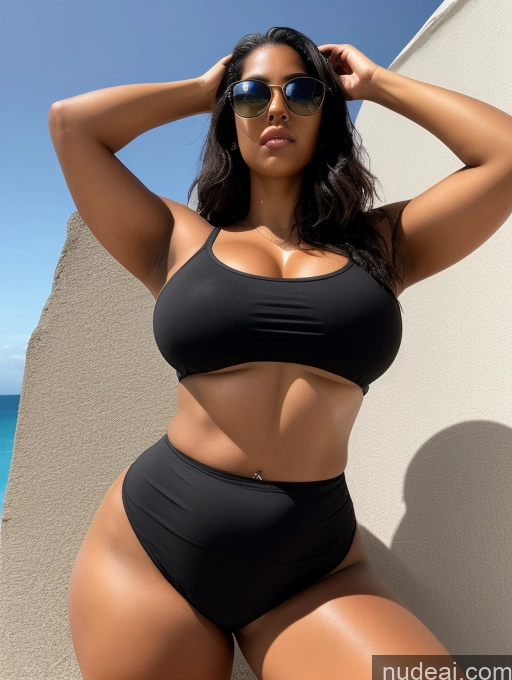 ai nude image of arafed woman in a black bikini posing on a beach pics of Two Big Ass Thick Short Perfect Body Oiled Body 18 Black Hair Huge Boobs Sunglasses Serious British Crop Top