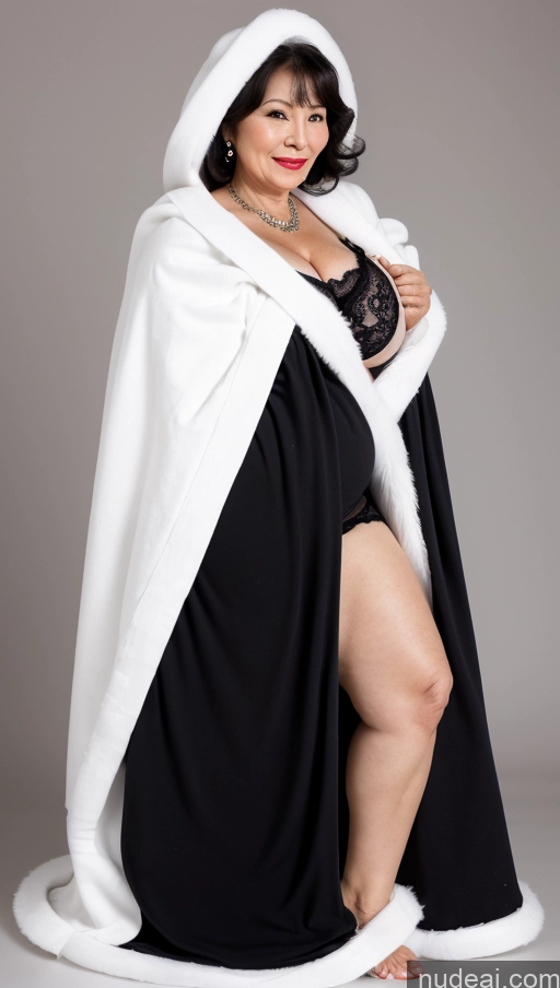 ai nude image of arafed woman in a black and white robe and a white cape pics of Milf One Busty Big Ass Big Hips Pubic Hair Fairer Skin 60s Asian Black Hair Lipstick Cozy Blanket