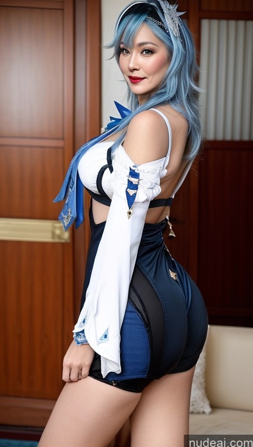 ai nude image of there is a woman with blue hair posing in a cosplay outfit pics of Milf One Busty Big Ass Big Hips Pubic Hair Fairer Skin 60s Asian Black Hair Lipstick Eula: Genshin Impact Cosplayers Partially Nude