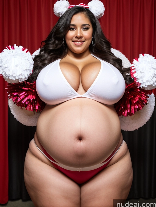 ai nude image of araffe dressed in a cheerleader outfit posing for a picture pics of Big Ass Fat Thick Big Hips Pregnant 18 British Dark_Fantasy_Style Cleavage Detailed Cheerleader Long Hair Huge Boobs