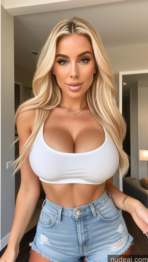 ai nude image of a close up of a woman in a white top and denim shorts pics of Bimbo Perfect Boobs 20s Sexy Face Blonde Long Hair White Front View Daisy Dukes Tank Top Big Ass