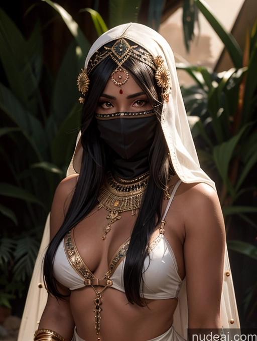 ai nude image of araffe woman in a white bikini and a black mask pics of Lingerie Model Dark Skin Oiled Body Black Hair Bangs Middle Eastern Desert Niqab Steampunk Tribal Tunic Wedding Sari Salwar Dark Lighting Detailed