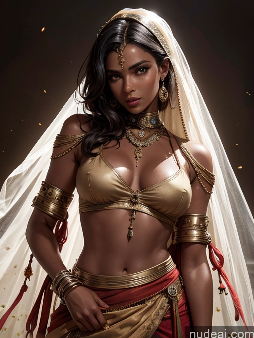 ai nude image of arafed woman in a gold and red outfit posing for a picture pics of Lingerie Model Dark Skin Oiled Body Black Hair Bangs Middle Eastern Desert Steampunk Tribal Tunic Wedding Sari Salwar Dark Lighting Detailed Several