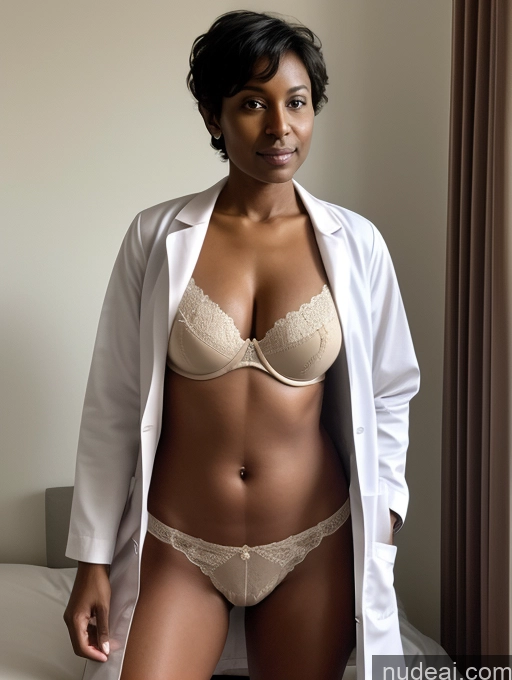 ai nude image of arafed woman in a white lab coat and panties posing on a bed pics of Milf Perfect Boobs Pixie Indian Bedroom Dark Lighting Dark Skin Partially Nude Nude Doctor Lab Coat Bra